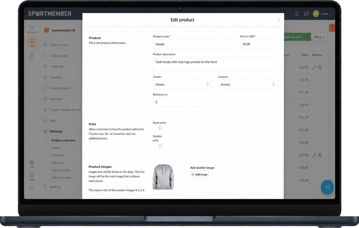 Editing a product for the club webshop in SportMember on the computer