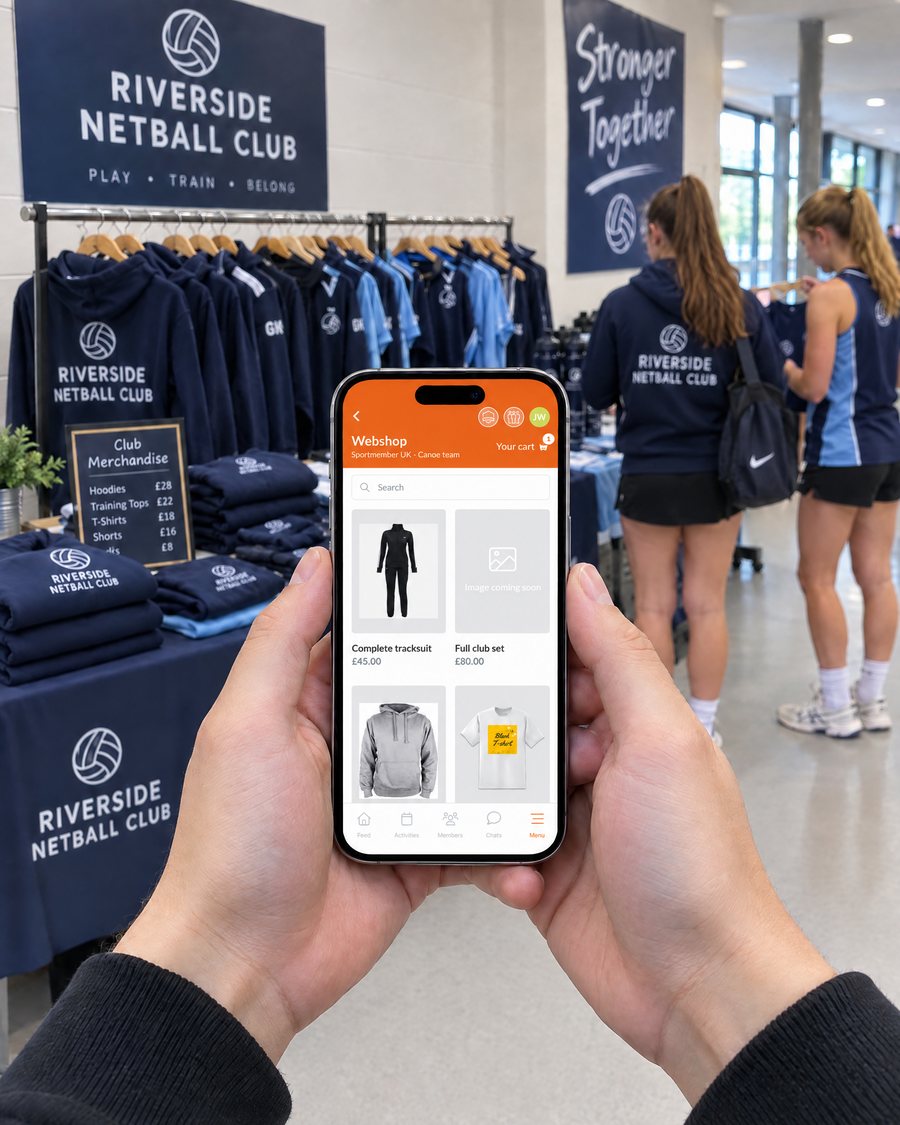 The club webshop in the SportMember app, in front of the netball club’s kit and hoodies in the sports hall foyer