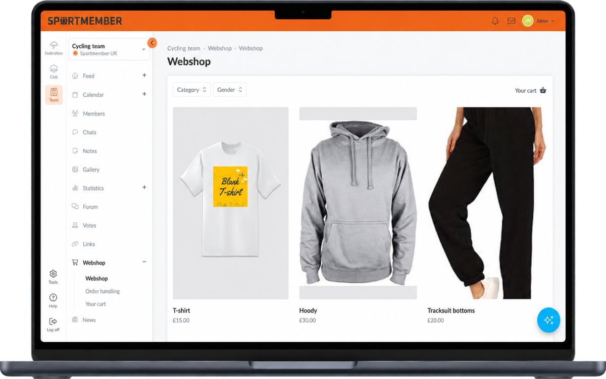 The club webshop in SportMember on the computer with a T-shirt, a hoodie and tracksuit bottoms